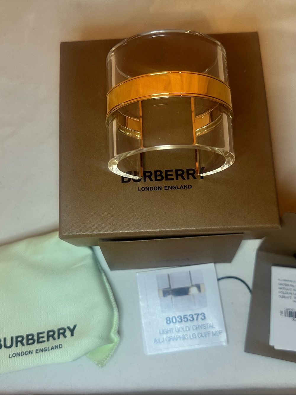 NWT Burberry Clear Acrylic Cuff with Gold Band